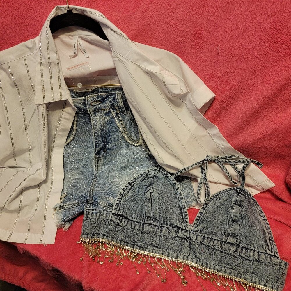 3 pc set - Jean Halter Top - Jean Shorts - White Top - Totally BLINGED OUT!  SM